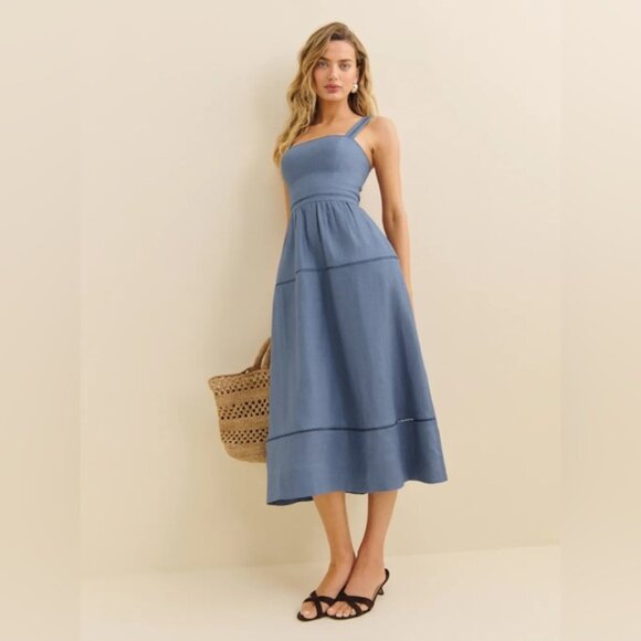 NEW Reformation Everett Linen Midi Dress Cornflower Blue | US 4 UK 8 - Picture 3 of 14